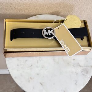 NWB Women MICHAEL KORS Black Leather 25mm Rhinestone Pave Logo Belt in Gift Box